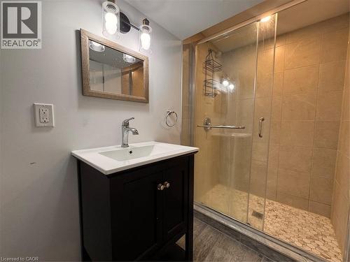 Wood-finish flooring, single vanity with white countertop, chrome faucet, framed mirror, and a glass-enclosed shower with tiled walls and pebble-style floor - 225 Bridgeport Road E, Waterloo, ON 
