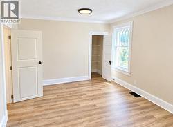 Wood-finish flooring, crown molding, built-in closet shelving, and a flush mount ceiling light - 