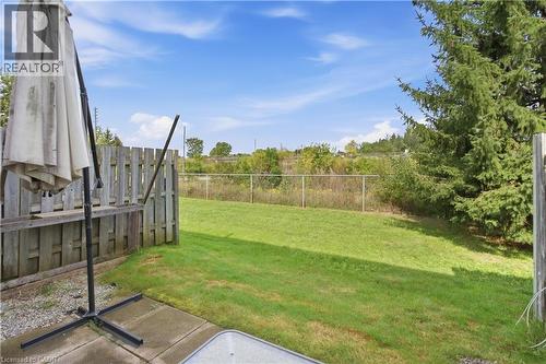 Expansive green lawn, mature evergreen tree, wood privacy fence, chain-link boundary fence, and a paved patio area - 30 S Imperial Road Unit# 3, Guelph, ON 