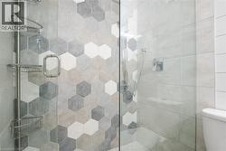 Hexagonal tile wall, clear glass shower enclosure, chrome shower fixtures, built-in shower caddy - 