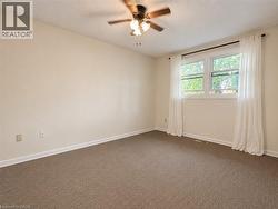 Neutral wall paint, ceiling fan, broad window, and wall-to-wall carpeting - 