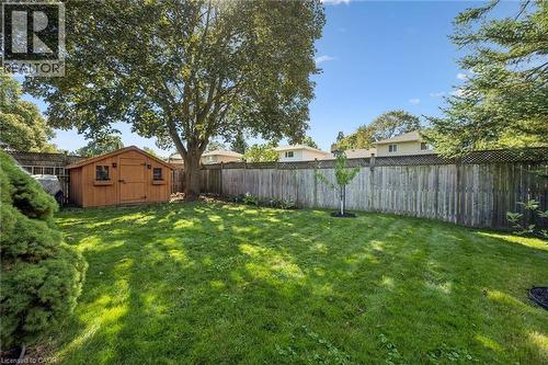 Expansive backyard featuring a manicured lawn, mature trees, wood fence, and a storage shed - 35 Crosby Drive, Kitchener, ON 