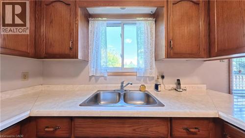 Double basin stainless steel sink with a chrome faucet, set into a light-toned countertop - 56 Scenic Wood Crescent, Kitchener, ON 