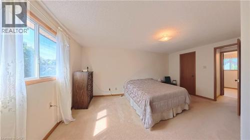 Wall-to-wall carpeting and a ceiling-mounted light fixture illuminate this room with a window and a wood-paneled door - 56 Scenic Wood Crescent, Kitchener, ON 