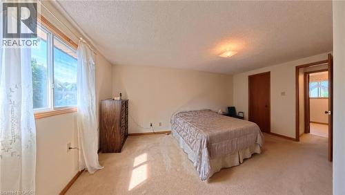 Neutral-toned carpeting, ample natural light from a large window, a ceiling-mounted light fixture, and a solid wood door - 56 Scenic Wood Crescent, Kitchener, ON 