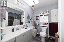 Vanity with an integrated sink, track lighting, wood-finish flooring, white wall cabinetry, and a skylight - 