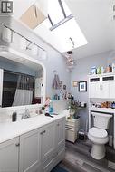 Skylight and ceiling-mounted light fixture, wood-finish flooring, vanity with a white countertop, chrome faucet, and white cabinetry - 