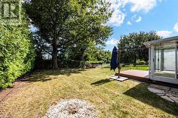 Expansive grassy yard with mature trees, a wooden deck, and a sunroom featuring large glass sliding doors - 