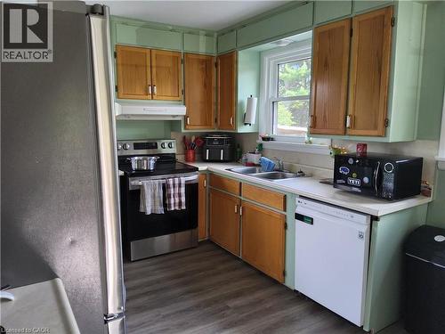Kitchen featuring wood-finish flooring, stainless steel appliances, dual basin sink, and wood cabinetry - 33 Lee Avenue, Simcoe, ON 