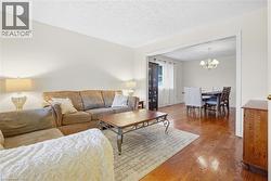 Hardwood flooring throughout, neutral paint palette, and a cased opening to the dining area - 