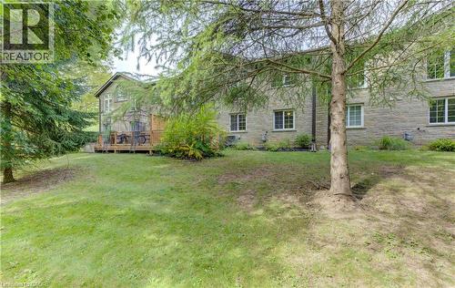 Expansive green lawn with mature trees, stone exterior, multiple windows, and a raised wooden deck with privacy screening - 25 Bankside Drive Unit# 2, Kitchener, ON 