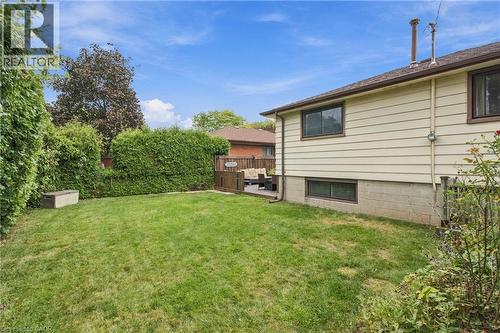 Expansive grass lawn bordered by mature hedges, featuring a wooden privacy fence and an elevated deck with wood flooring - 22 Sycamore Street, Hamilton, ON 