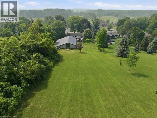 Expansive grassy lawn with mature trees and a detached structure featuring a metal roof - 1311 W Concession 6 Road, Flamborough, ON 