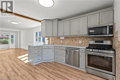 Kitchen featuring light gray cabinetry, stainless steel appliances, a mosaic tile backsplash, and wood-finish flooring - 141 Race Street, Paris, ON 