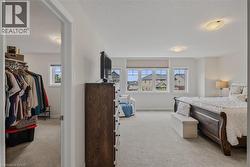 Spacious room featuring light-colored carpeting, multiple windows with roller shades, and a ceiling-mounted light fixture - 
