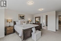 Carpeted bedroom with a built-in ceiling light fixture and an en-suite bathroom featuring a tiled floor and shower enclosure - 
