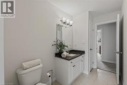 Bathroom vanity with a dark countertop and white cabinetry - 