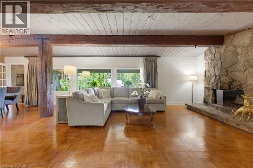 Exposed wood beams and a white wood-panel ceiling - 1316 Nevarc Drive, Burlington, ON 