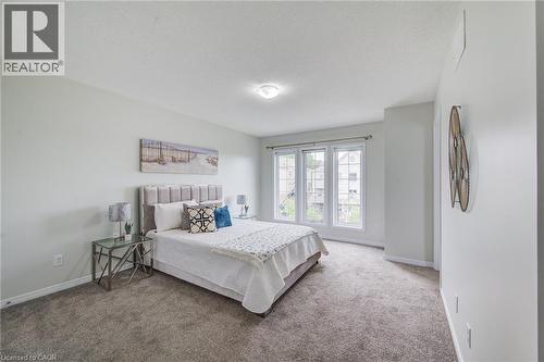 Carpeted bedroom featuring three expansive windows, a textured upholstered headboard, and a flush-mount ceiling light - 226 Maitland Street, Kitchener, ON 