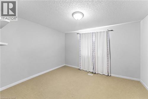 Neutral wall paint, textured ceiling, flush mount ceiling light, and carpeted flooring - 245 Red Clover Court, Kitchener, ON 