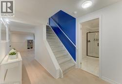 Carpeted staircase with contrasting accent wall, light wood-finish flooring, and a bathroom featuring a corner glass-enclosed shower with dark trim - 
