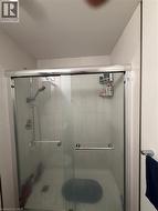 Glass-enclosed shower with white tiled walls, a built-in shower niche, and a chrome shower system - 