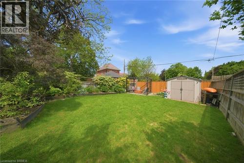 Expansive private backyard featuring a large lawn area, mature trees, and a storage shed - 62 East Avenue, Brantford, ON 