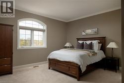 Arched window, crown molding, and neutral wall tones - 