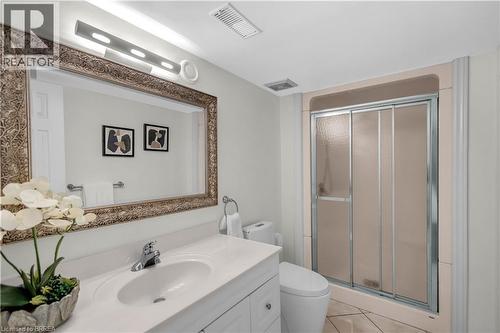 Vanity with integrated sink, chrome faucet, and ornate framed mirror - 302 German School Road, Paris, ON 