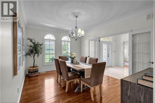 Dining area featuring wood-finish flooring, three arched windows with plantation shutters, crown molding, and a decorative ceiling medallion with a chandelier - 302 German School Road, Paris, ON 