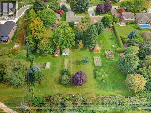 Expansive green lawn with mature trees, multiple garden beds, and two outbuildings - 15 Mclaren Avenue N, Listowel, ON 