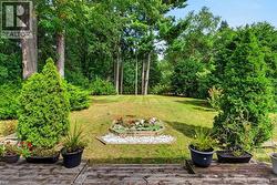 Expansive lawn with mature trees and a decorative garden bed - 
