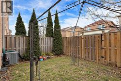 Enclosed backyard with a wood privacy fence, featuring a metal arbor and established evergreen trees - 
