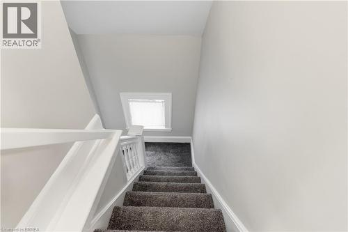 Carpeted staircase with white painted railing and balusters, featuring a dormer window with a white frame - 87 Strathcona Avenue, Brantford, ON 