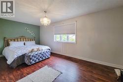 Wood-finish flooring, single window with blinds, decorative light fixture, painted accent wall, and white trim - 
