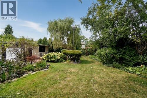Expansive backyard featuring a manicured lawn, established landscaping, and mature trees - 154 Ewen Road, Hamilton, ON 