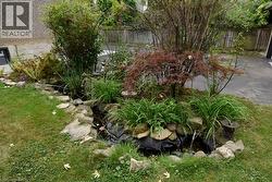 Water feature with rock border, surrounded by mature plantings and a manicured lawn - 
