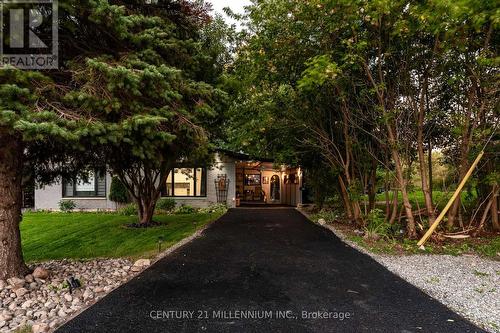 Front at dusk, tree-lined drive, parking for six - 139 Town Line, Orangeville, ON 