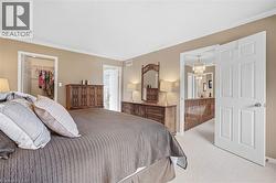Wall-to-wall carpeting, crown molding, and a walk-in closet with built-in shelving - 
