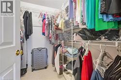 Walk-in closet featuring wire shelving, hanging rods, and carpet flooring - 