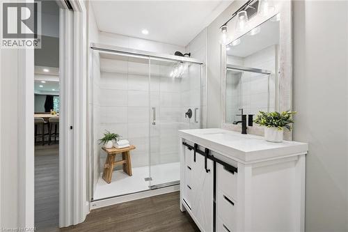 Walk-in shower with clear glass enclosure and subway tile surround - 282 Concession Rd 2, Scotland, ON 