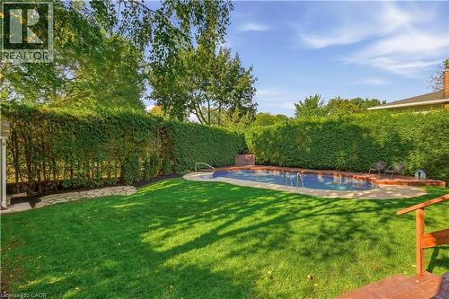 Expansive backyard featuring a manicured lawn, inground swimming pool, and mature privacy hedges - 4159 Spruce Avenue, Burlington, ON 