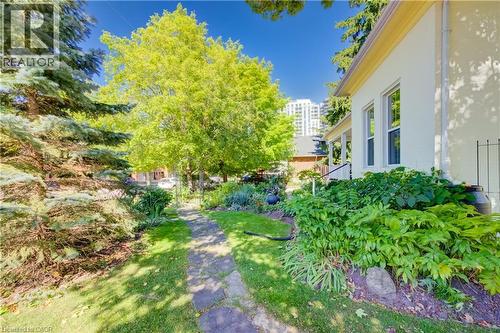Stucco exterior with multiple windows, complemented by a stone-paver pathway, mature trees, and established landscaping - 59 Allen Street W, Waterloo, ON 