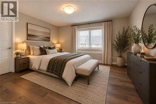 Wood-finish flooring with a neutral wall color, large window with blinds and drapes, and a contemporary ceiling light fixture - 212 Ellen Davidson Drive, Oakville, ON 