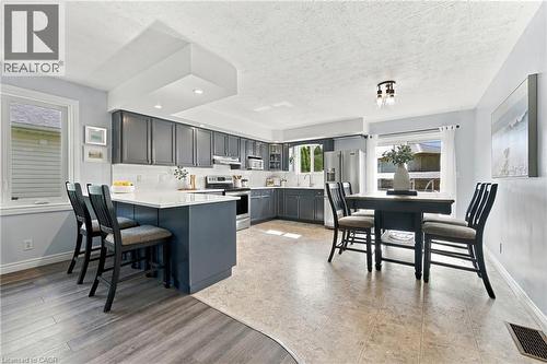 Kitchen featuring wood-finish flooring, an eat-at island with white countertop, recessed lighting, stainless steel appliances, and dark-toned cabinetry - 915 St George Street, Port Dover, ON 