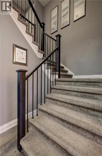 Carpeted staircase featuring black wrought iron balusters and dark wood newel posts - 35 Greyhawk Street, Kitchener, ON 