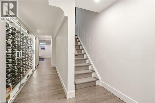 Dedicated wine storage with glass doors, wood-finish flooring, and a carpeted staircase - 5056 New Street Unit# 4, Burlington, ON 