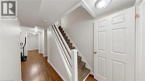 Hallway featuring wood-finish flooring and a carpeted staircase with white railings - 304 Bluevale Street N, Waterloo, ON - Indoor Photo Showing Other Room