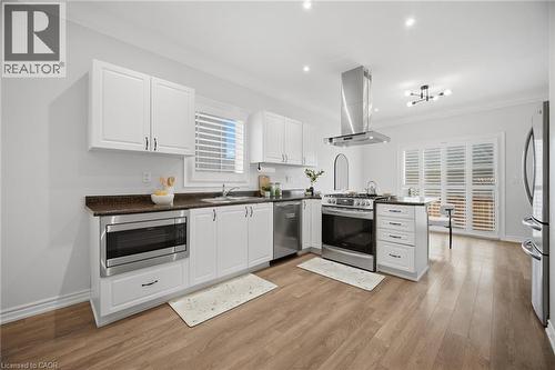 White cabinetry with dark countertops, stainless steel appliances, wood-finish flooring, and a central island - 20 Todd Crescent, Dundalk, ON - Indoor Photo Showing Kitchen With Upgraded Kitchen