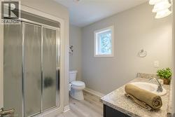 Sliding glass shower enclosure, single vanity with integrated sink, stone-finish countertop, wood-finish flooring, and a single window - 